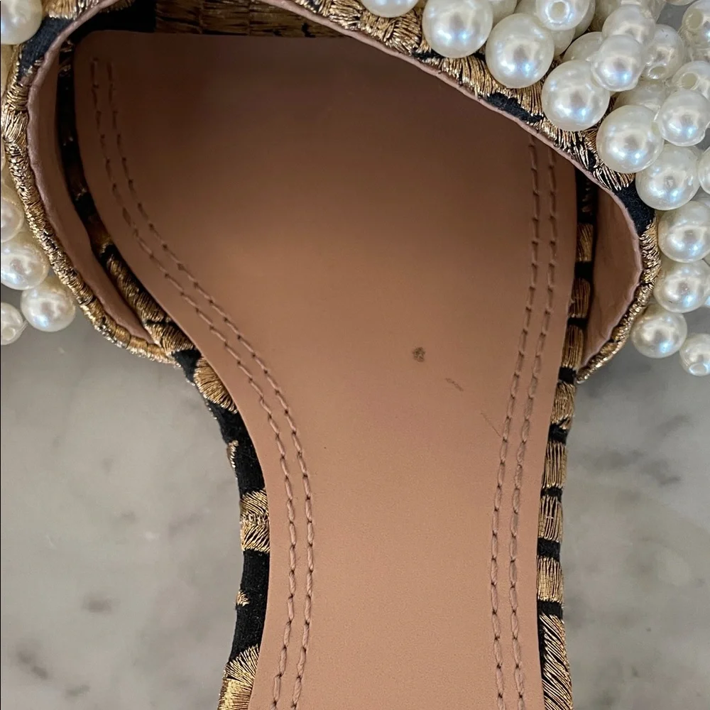 TORY BURCH Tatiana White Pearl Black Gold Brocade Slides Sandal 6M